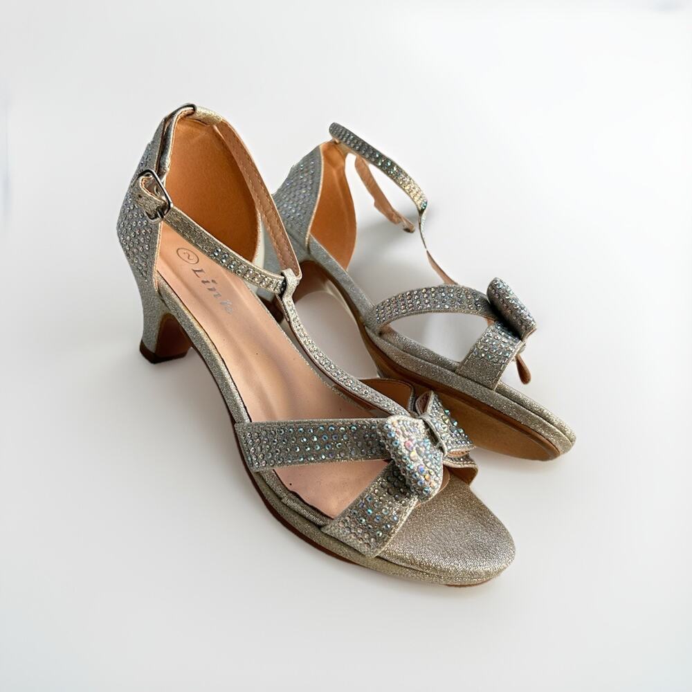 Girls Dress Shoes Silver Rhinestones Bow Kids Open Toe Girls Kitten Heels Size 2